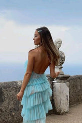 New Style Halter Ruffles Tulle Prom Dresses With Slit, Long Backless Party Dress DMP116